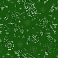 seamless pattern on a green background nutcracker, clock, champagne, white outline, Christmas toys, firecrackers vector