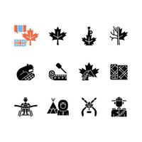 Canadian symbols black glyph icons set on white space. Official canadian emblem. North american beaver. Ice hockey. Maple leaf tartan. Silhouette symbols. Vector isolated illustration