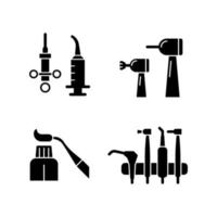 Oral surgery tools black glyph icons set on white space. Irrigation syringe. Brightening teeth. Resin dental material. Orthodontic instruments. Silhouette symbols. Vector isolated illustration