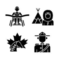 gente de canadá iconos de glifo negro establecidos en el espacio en blanco. para atletas famosos. uniforme de policía montada. nacionalidad inuit. caballo canadiense símbolos de silueta. ilustración vectorial aislada vector