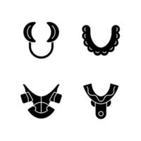 Orthodontic appliances black glyph icons set on white space. Realigning teeth device. Cheek retractor. Impression tray. Straightening treatment. Silhouette symbols. Vector isolated illustration