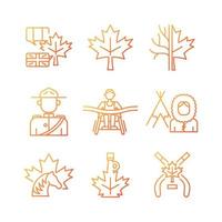 Canadian representation gradient linear vector icons set. Historic and cultural heritage. Maple leaf emblem. Thin line contour symbols bundle. Isolated outline illustrations collection