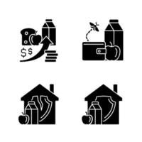 Poverty and hunger black glyph icons set on white space. No money for products. Increased prices. Food insecurity. Household nutrition security. Silhouette symbols. Vector isolated illustration