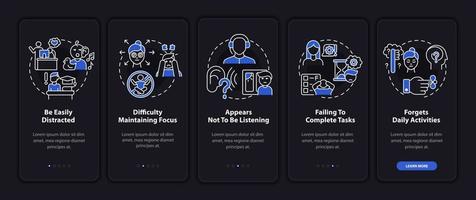 Inattentiveness symptoms onboarding mobile app page screen. Concentration loss walkthrough 5 steps graphic instructions with concepts. UI, UX, GUI vector template with linear night mode illustrations