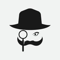 hombre detective con bigote y diseño de logotipo de vidrio de búsqueda vector