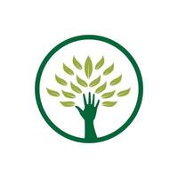 circle hand up  with leaf tree logo design vector