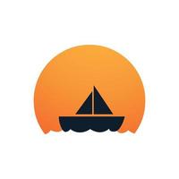 barco o barco con diseño de logotipo de círculo de puesta de sol vector