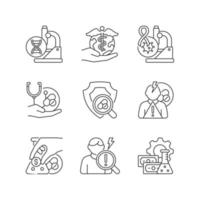 Medical research linear icons set. Genetic disease study. Check safety new medication. Adverse effects. Customizable thin line contour symbols. Isolated vector outline illustrations. Editable stroke