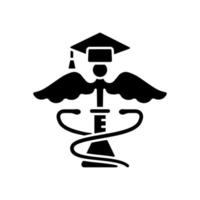 Medical school for research black glyph icon. Science and lab research. Advance human health. Contribute to world of medicine. Pharmacy. Silhouette symbol on white space. Vector isolated illustration