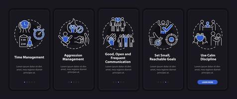 pantalla de la página de la aplicación móvil de incorporación de niños con TDAH. tutorial de objetivos alcanzables 5 pasos instrucciones gráficas con conceptos. ui, ux, plantilla vectorial gui con ilustraciones lineales en modo nocturno vector