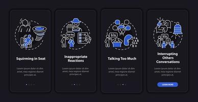 Impulsivity symptoms onboarding mobile app page screen. Talking too much walkthrough 4 steps graphic instructions with concepts. UI, UX, GUI vector template with linear night mode illustrations