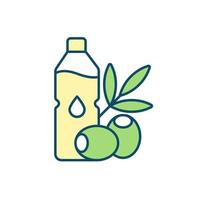 Olive oil bottle RGB color icon. Boosting heart and digestive health. Using pure olive oil for cooking and skin care. Nourishing properties. Isolated vector illustration. Simple filled line drawing