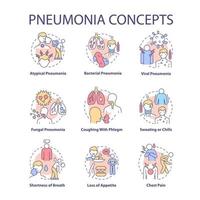 Pneumonia concept icons set. Pulmonary inflammation idea thin line color illustrations. Bacterial and viral types. Coughing with phlegm. Vector isolated outline drawings. Editable stroke