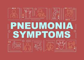 Pneumonia signs red word concepts banner. Lung inflammation symptoms. Infographics with linear icons on pink background. Isolated creative typography. Vector outline color illustration with text