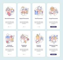 Pneumonia diagnosis onboarding mobile app page screen set. Infection symptoms walkthrough 4 steps graphic instructions with concepts. UI, UX, GUI vector template with linear color illustrations