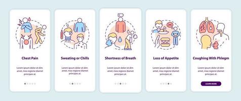 Pneumonia symptoms onboarding mobile app page screen. Chest pain and appetite loss walkthrough 5 steps graphic instructions with concepts. UI, UX, GUI vector template with linear color illustrations