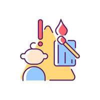 Child and matches and candles RGB color icon. Kid playing with matches. Do not let children play with candle flame. Fire prevention. Isolated vector illustration. Simple filled line drawing