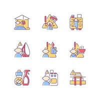 Kids injuries danger RGB color icons set. Child safety at home. Prevent injuries and burns. Hazard situations for infants. Isolated vector illustrations. Simple filled line drawings collection