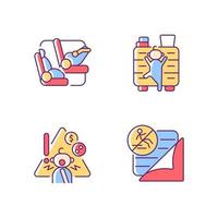 Accidents prevention RGB color icons set. Falling and choking precaution. Child safety. Car seat and belt to protect kid in car. Isolated vector illustrations. Simple filled line drawings collection