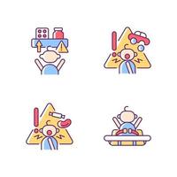 Poisoning and suffocation prevention RGB color icons set. Choking hazard food and toys. Child safety at home. Accident precaution. Isolated vector illustrations. Simple filled line drawings collection