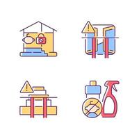 Safety precaution at home RGB color icons set. Falling and poisoning prevention. Keep chemical away from kids. Child security. Isolated vector illustrations. Simple filled line drawings collection