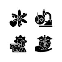 Medicine development black glyph icons set on white space. Interest in science. Test vaccines. Investment in drug discovery. Future perspectives. Silhouette symbols. Vector isolated illustration