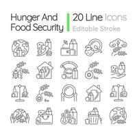 Hunger and food security linear icons set. Poverty and starvation. Food justice volunteer organizations. Customizable thin line contour symbols. Isolated vector outline illustrations. Editable stroke