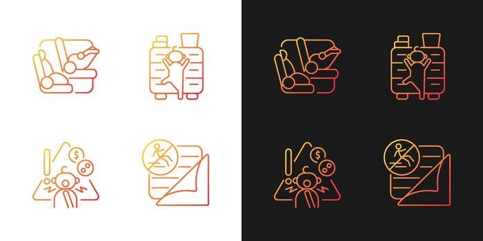 Accidents prevention gradient icons set for dark and light mode. Falling and choking precaution. Thin line contour symbols bundle. Isolated vector outline illustrations collection on black and white