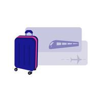 maleta de viaje y billetes de tren y avión vector