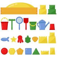 Sandbox and set of various toys and tools for playing with sand, bright accessories for childrens play in flat style vector