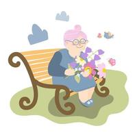 A grandmother sits on a bench outside. Grandma is holding a bouquet of flowers and is excited about spring. Vector illustration in cartoon style on white background. For print, web design.