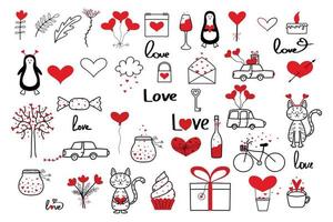 conjunto vectorial de elementos del día de san valentín. estilo garabato. ambientado en el estilo del minimalismo. conjunto de corazones, gatos, pingüinos, autos, cartas, frascos y más. vector