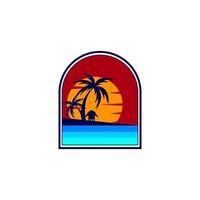 silueta de un logo de playa con cocoteros y una cabaña vector