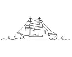 One single continuous line of classic sailboat. Classic transportation vector