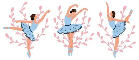 Vector set of elegant ballerina in a blue tutu dress dancing on pointe. Female beautiful classic theater dancer character on isolated background. Ballet dancer illustration