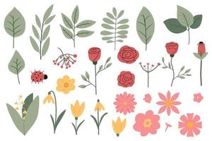 conjunto vectorial de flores y hojas de primavera. ambientado con ramas de árboles y flores diferentes. vector