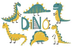 Vector kids set of cute dinosaurs. Drawn dino. Dinosaurs in green and yellow colors.