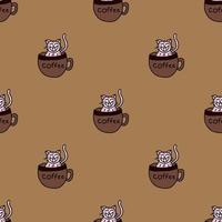 Seamless pattern of cute pink cat sitting in cup of coffee on brown background. vector