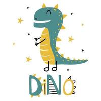 afiche infantil con un lindo dinosaurio. cartel de dino verde y amarillo. letras dino adecuadas para carteles, tarjetas, impresiones, etiquetas. vector