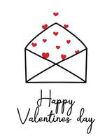 Vector greeting card happy valentine's day. Illustration of envelope with hearts in doodle style. Minimalistic postcard for valentine's day.