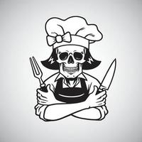 Chef Lady Dead Skull Logo Grinning with Fork, Knife, and Hat. Vector Drawing Icon