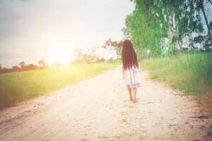 Little girl with long hair wearing dress is walking away from you down rural road. photo