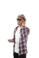 Young hipster man in earphones holding smartphone isolated on the white background. photo