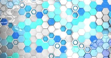 Structure background of blue and white reflective hexagons moving in a wave form reflecting a chemical formula. 3D Animation video