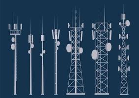 Transmission cellular tower. Mobile and radio communications antennas for wireless connections. Outline vector illustrations set