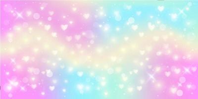 Fantasy background. Pattern in pastel colors. Wavy multicolored sky with stars and hearts. Vector