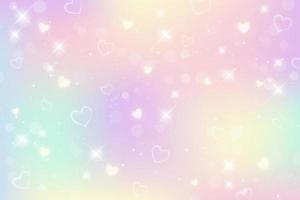 Fondo de fantasía de arco iris. Ilustración holográfica en colores pastel. Fondo femenino de dibujos animados lindo. cielo multicolor brillante con bokeh y corazones. vector. vector