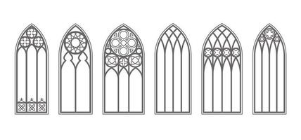 Gothic windows outline set. Silhouette of vintage stained glass church frames. Element of traditional european architecture. Vector