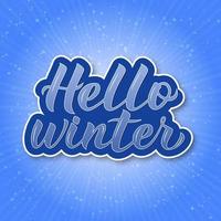 Hello Winter calligraphy lettering. Bright blue background with snowfall and sun rays. Winter party decorations. Vector illustration.