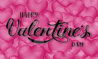 Feliz día de San Valentín letras de mano de caligrafía sobre fondo rosa con globos de corazón voladores 3d. tarjeta de felicitación del día de San Valentín. plantilla vectorial fácil de editar vector